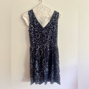 NAVY LACE METALLIC COCKTAIL DRESS